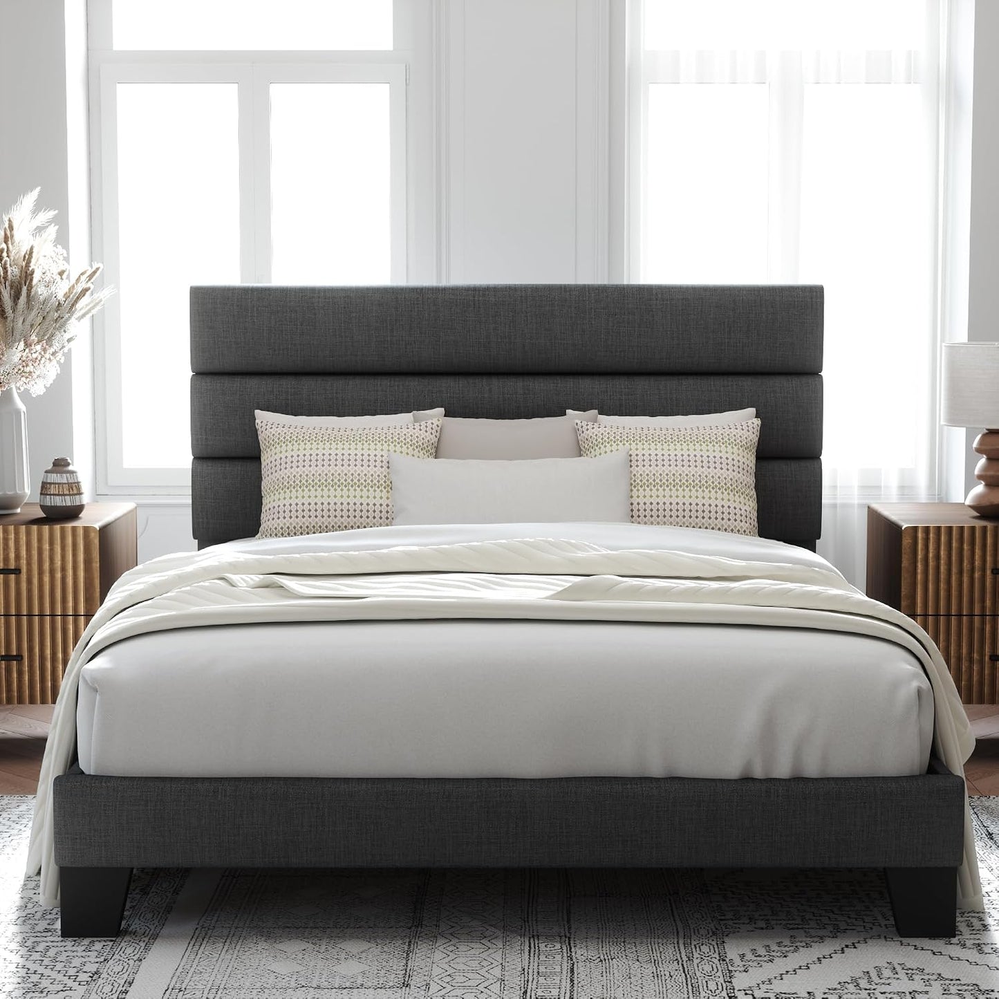 Queen Size Platform Bed Frame with Fabric Upholstered Headboard