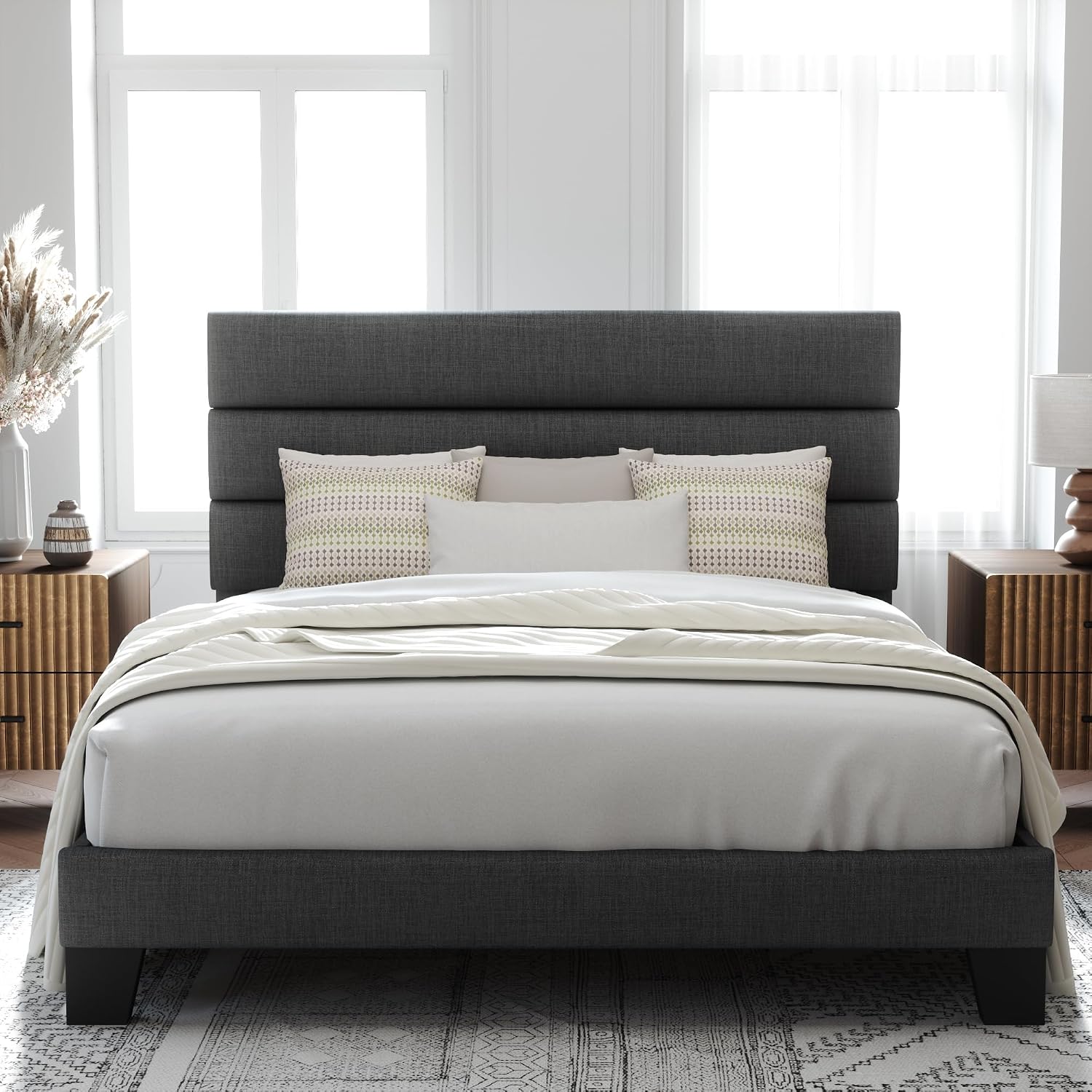 Queen Size Platform Bed Frame with Fabric Upholstered Headboard
