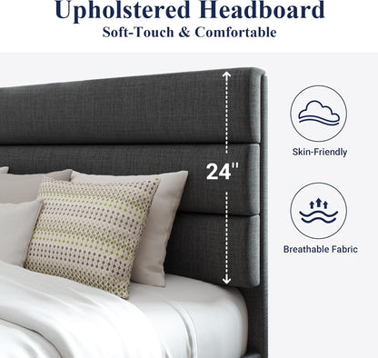 Queen Size Platform Bed Frame with Fabric Upholstered Headboard