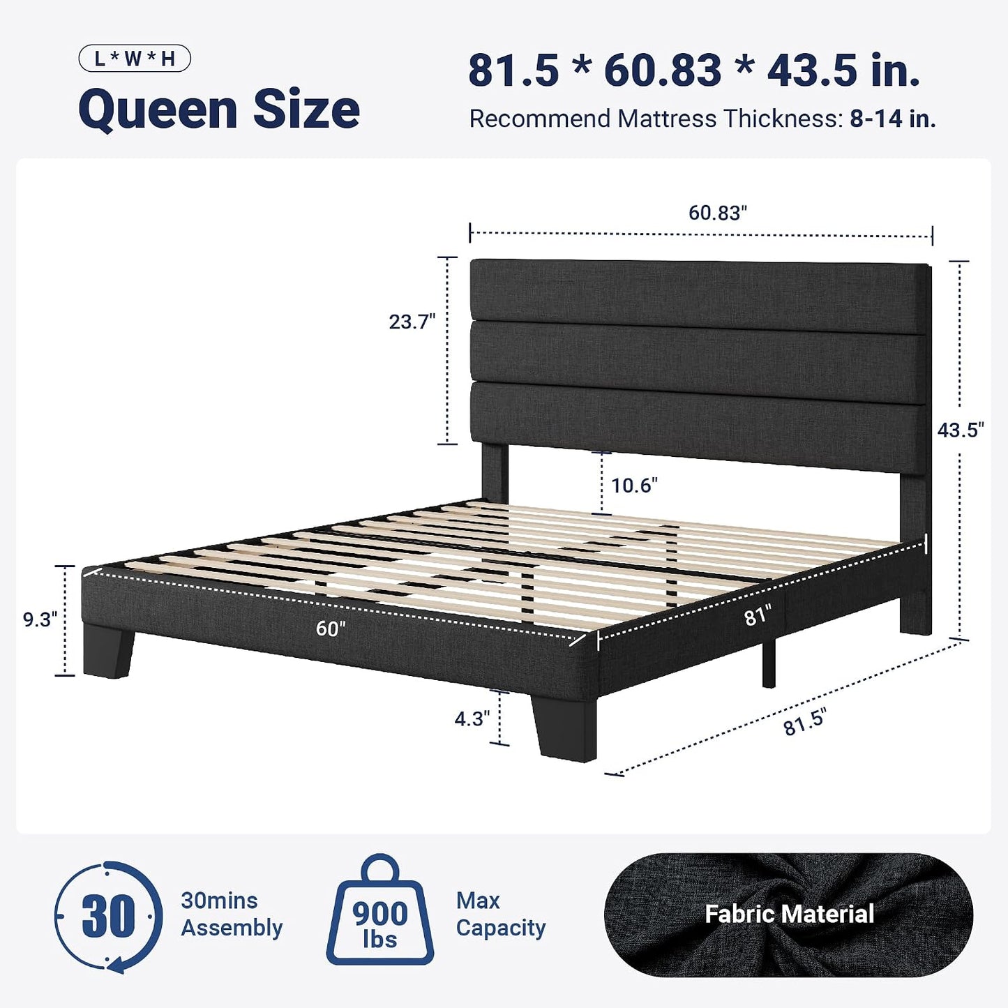 Queen Size Platform Bed Frame with Fabric Upholstered Headboard