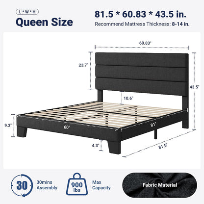 Queen Size Platform Bed Frame with Fabric Upholstered Headboard