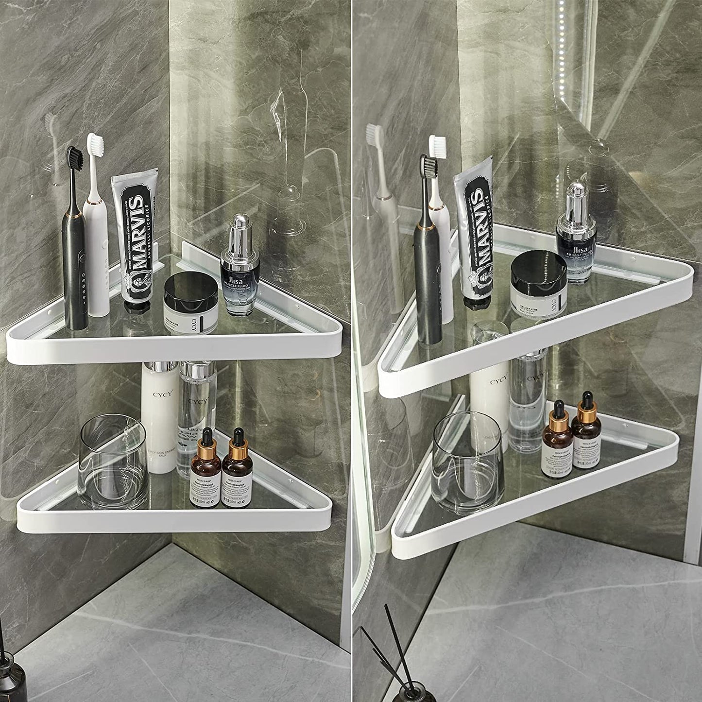 Bathroom Shelves Wall Mounted Glass Corner Shelf for Bathroom Floating Shelf Tempered Glass Wall Organizer 2-Tier(White)